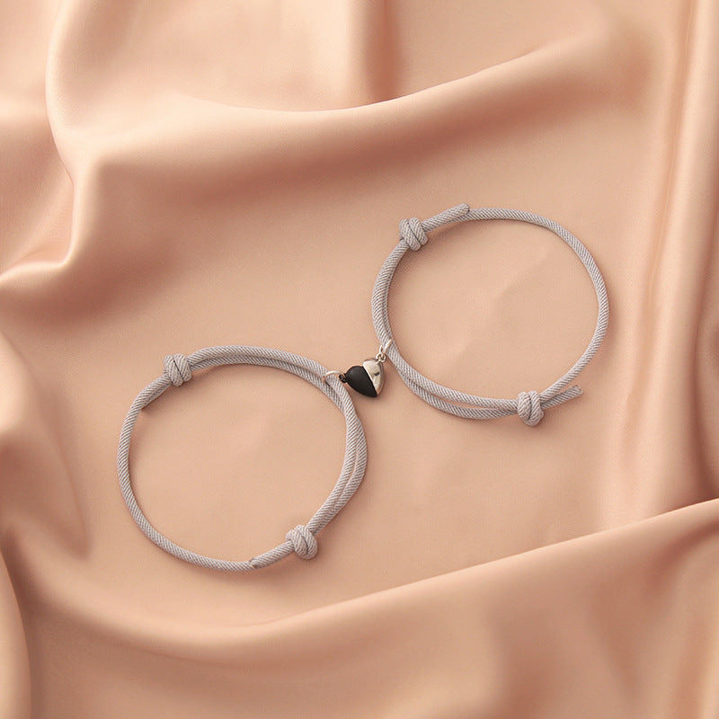 Fashion Black White Heart Magnet Rope Bracelet Pair Set Jewelry