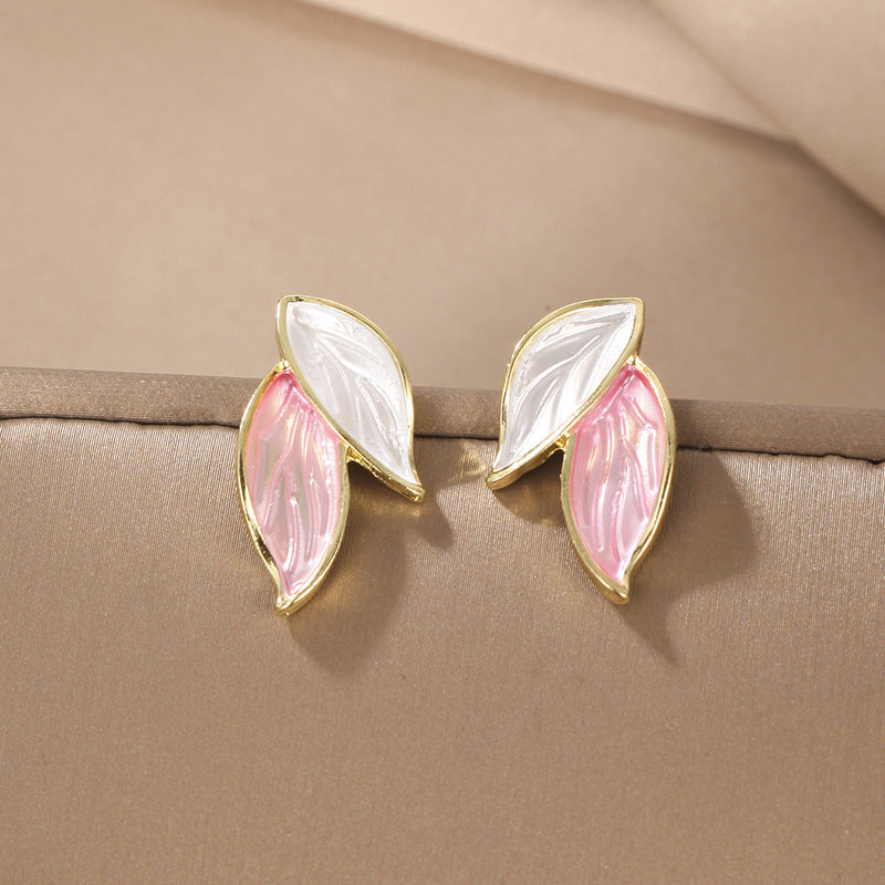 Elegant Korean Leaf Enamel Alloy Stud Earrings with S925 Silver Needle