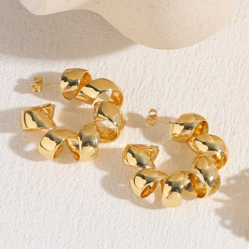 Elegant C Shape Zircon Hoop Earrings 14K Gold Plated Copper
