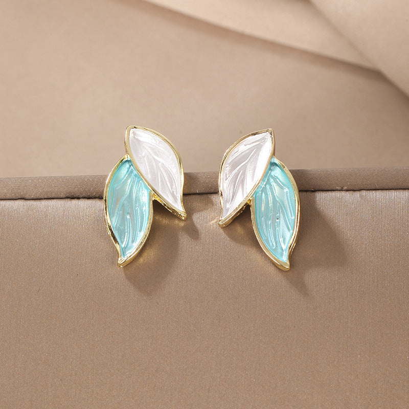 Elegant Korean Leaf Enamel Alloy Stud Earrings with S925 Silver Needle
