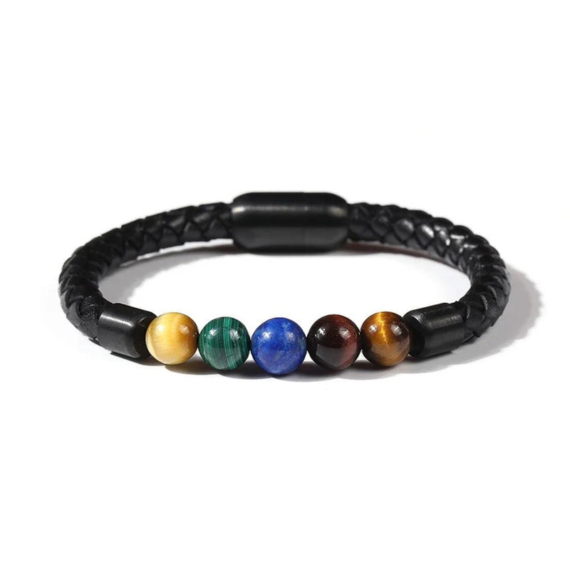Fashion Circle PU Leather & 8mm Tiger Eye Stone Beaded Men's Bracelet with Magnetic Clasp