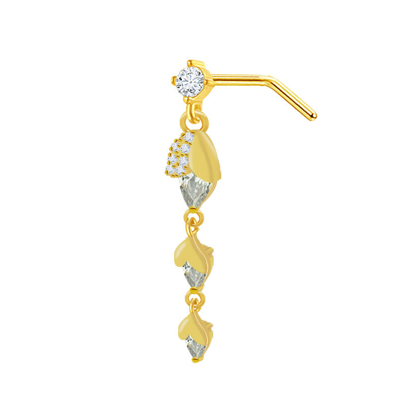 Glam Rock Ethnic Style Star Heart Butterfly Nose Rings & Studs with Teardrop Gemstone Pendant, 316 Stainless Steel and Copper Plating, Inlaid Rhinestones Zircon, Gold Plated Piercing Jewelry
