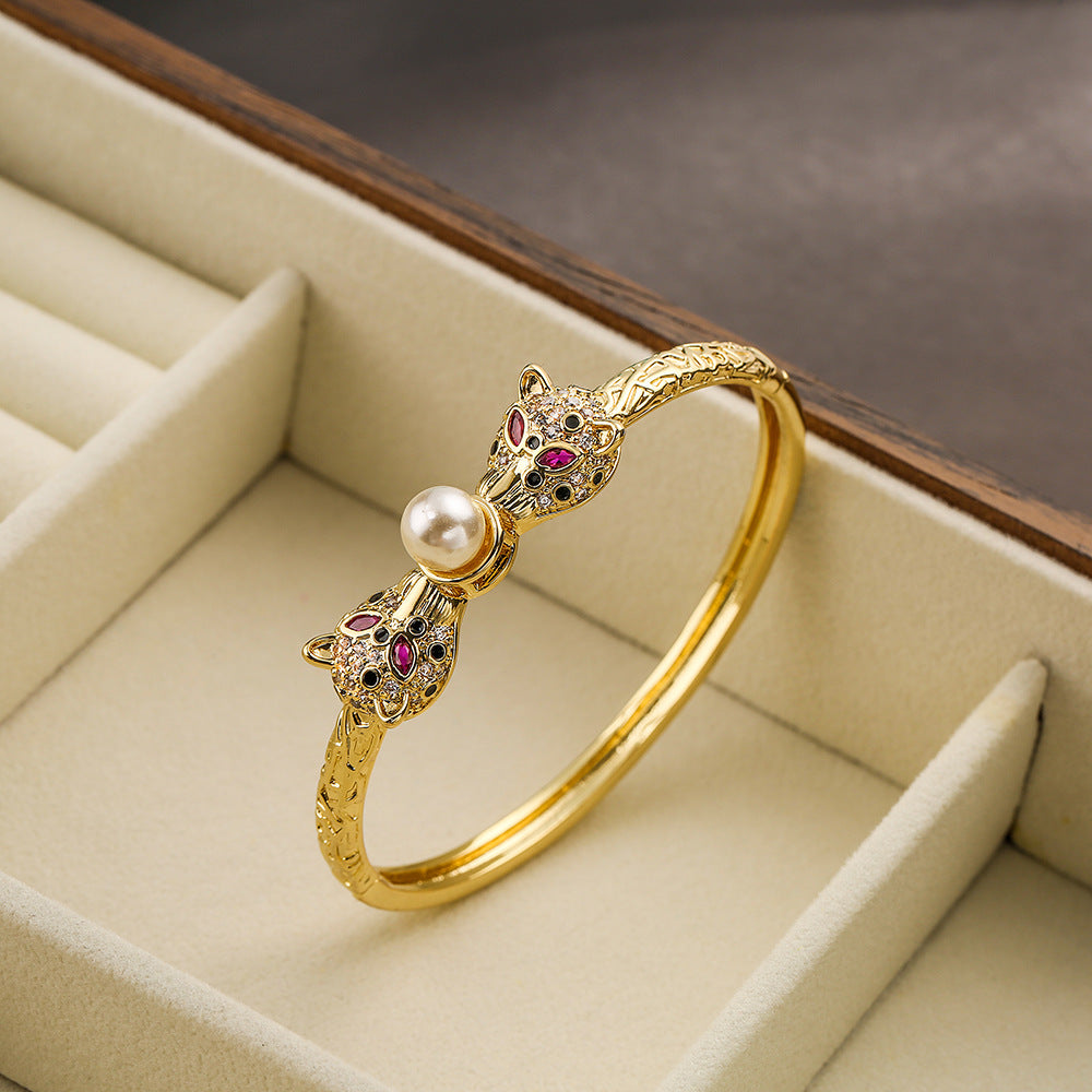 Hip-Hop Leopard Zircon 18K Gold Plated Bangle Bracelet
