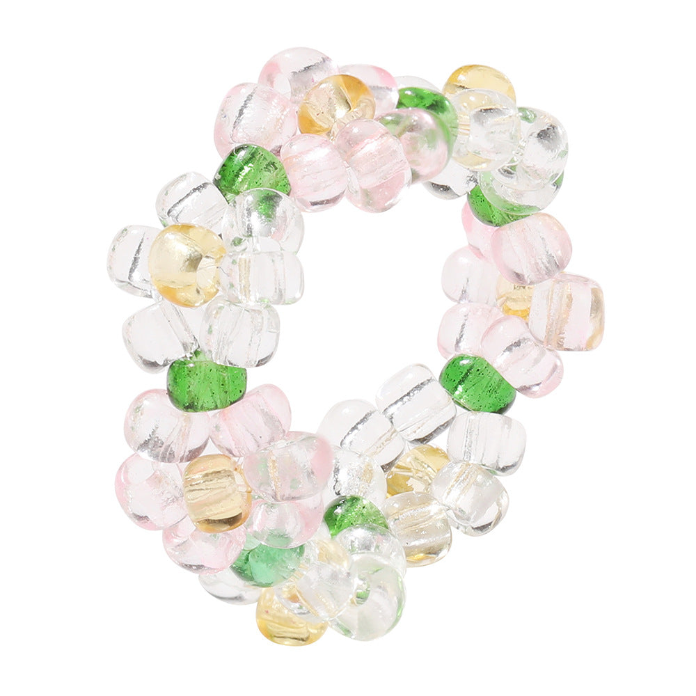 Simple Crystal Bead Elastic Woven Flower Ring in Candy Colors