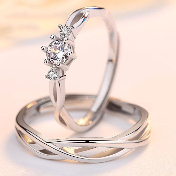 Simple Geometric Copper Inlay Zircon Ring & S925 Sterling Silver Adjustable Couple Rings