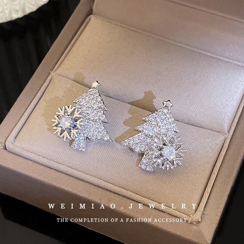Fashion Rotatable Christmas Tree Snowflake Zircon Stud Earrings in 925 Silver