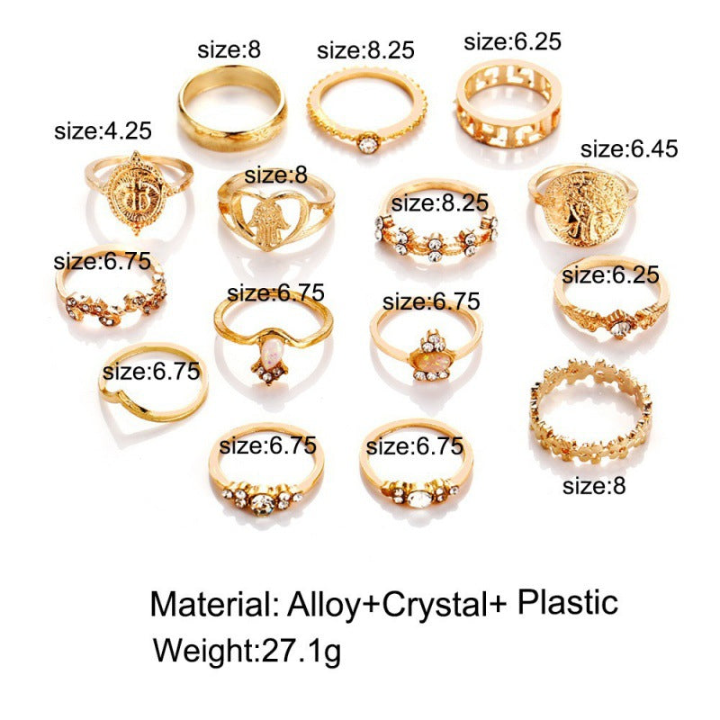 New Fashion Retro Crystal & Coin Charm Ring Set - 22 Pieces