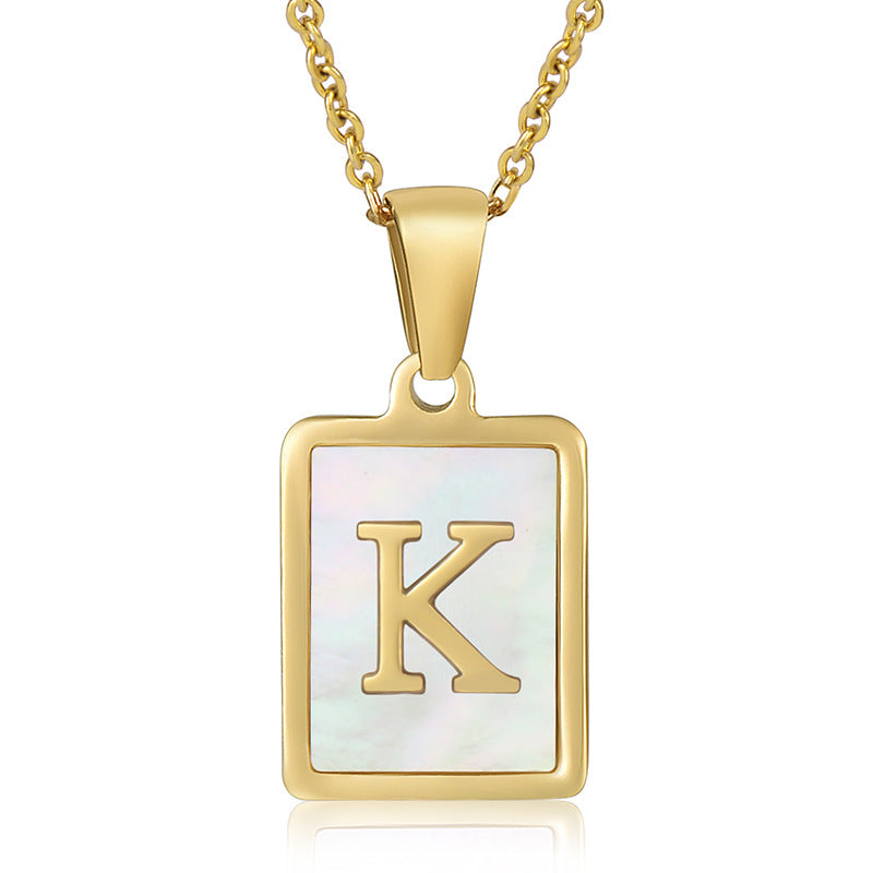Stainless Steel Alphabet Pendant Necklace with Inlay Shell and 18K Gold Plating