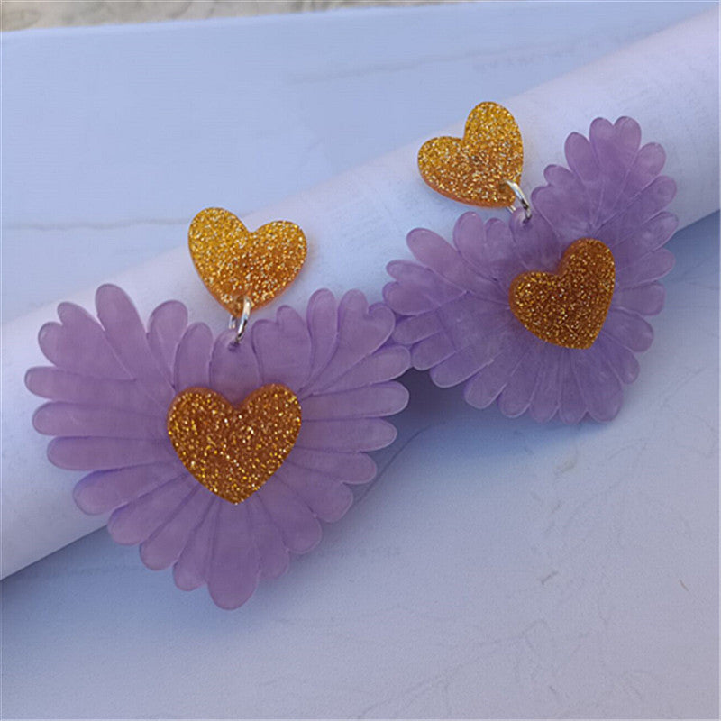 Simple Heart Shape Acrylic Patchwork Floral Drop Earrings for Women