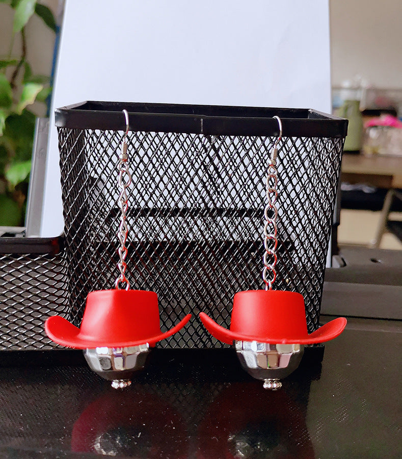 Hip-Hop Disco Ball Straw Hat Metal Earrings - 70s Party Accessory