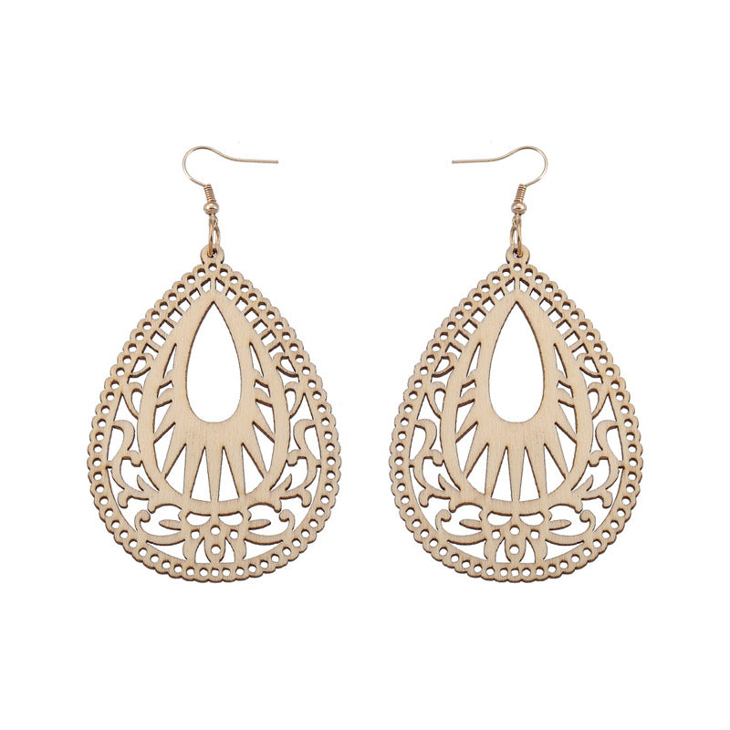 Retro Hollow Out Wood Water Drop Earrings for Women
