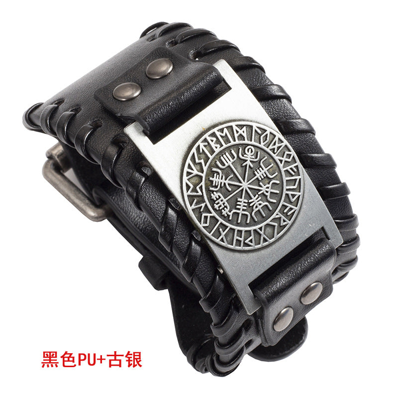 Simple Retro Nordic Viking Compass Leather Bracelet