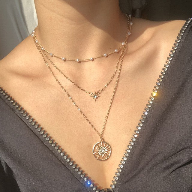 Artificial Pearl Butterfly Pendant Layered Necklace