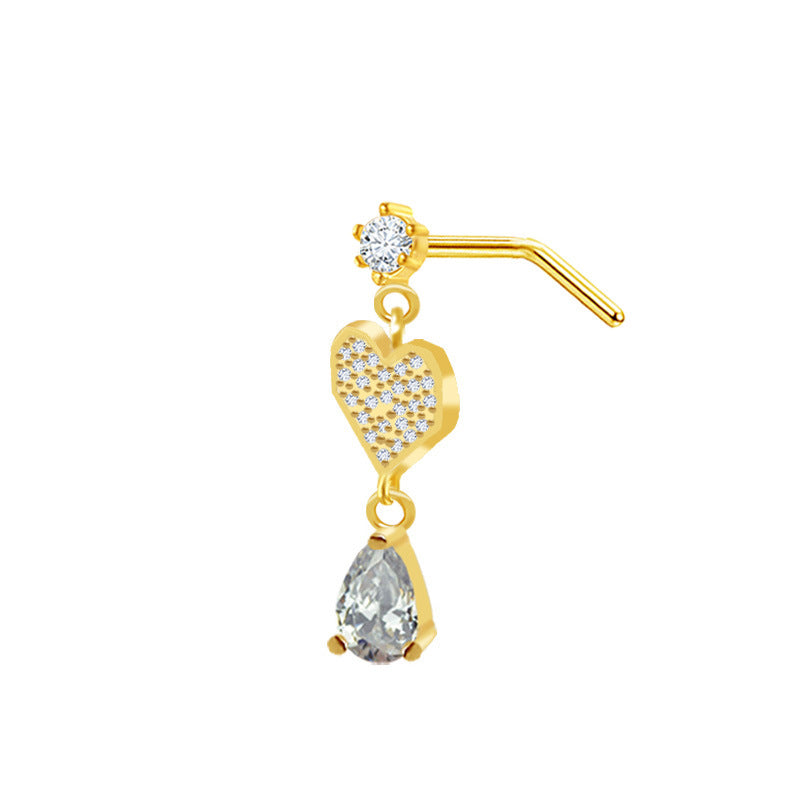 Glam Rock Ethnic Style Star Heart Butterfly Nose Rings & Studs with Teardrop Gemstone Pendant, 316 Stainless Steel and Copper Plating, Inlaid Rhinestones Zircon, Gold Plated Piercing Jewelry