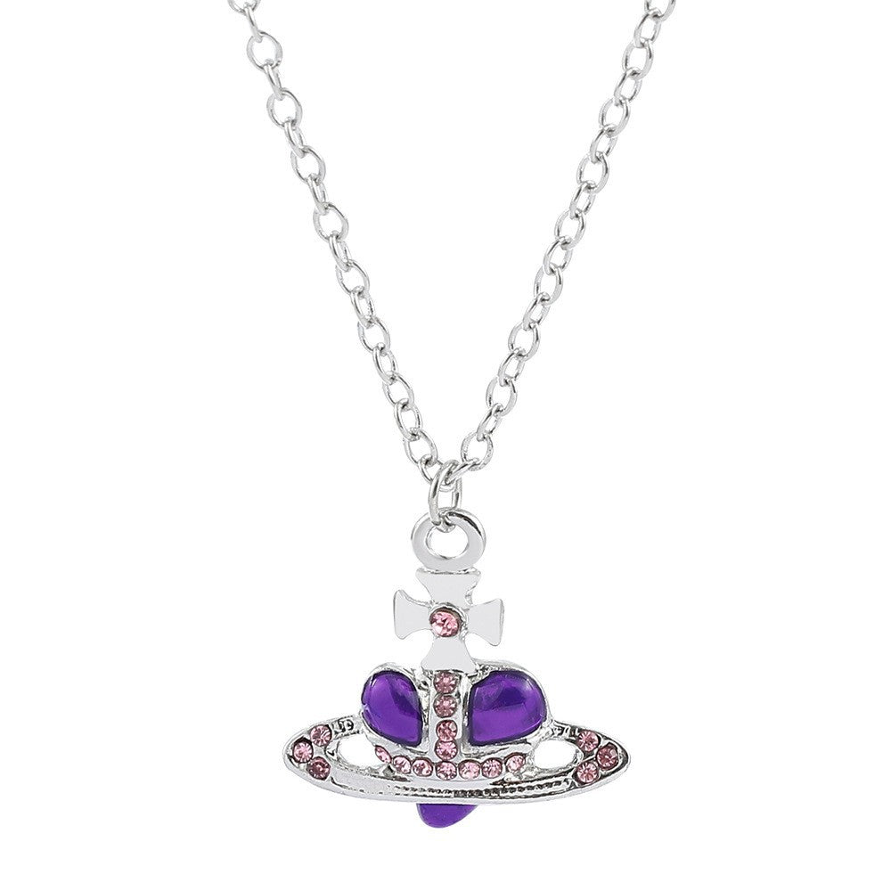 Heart Shape Alloy Pendant Necklace with Rhinestone Inlay and Glass Planet Charm