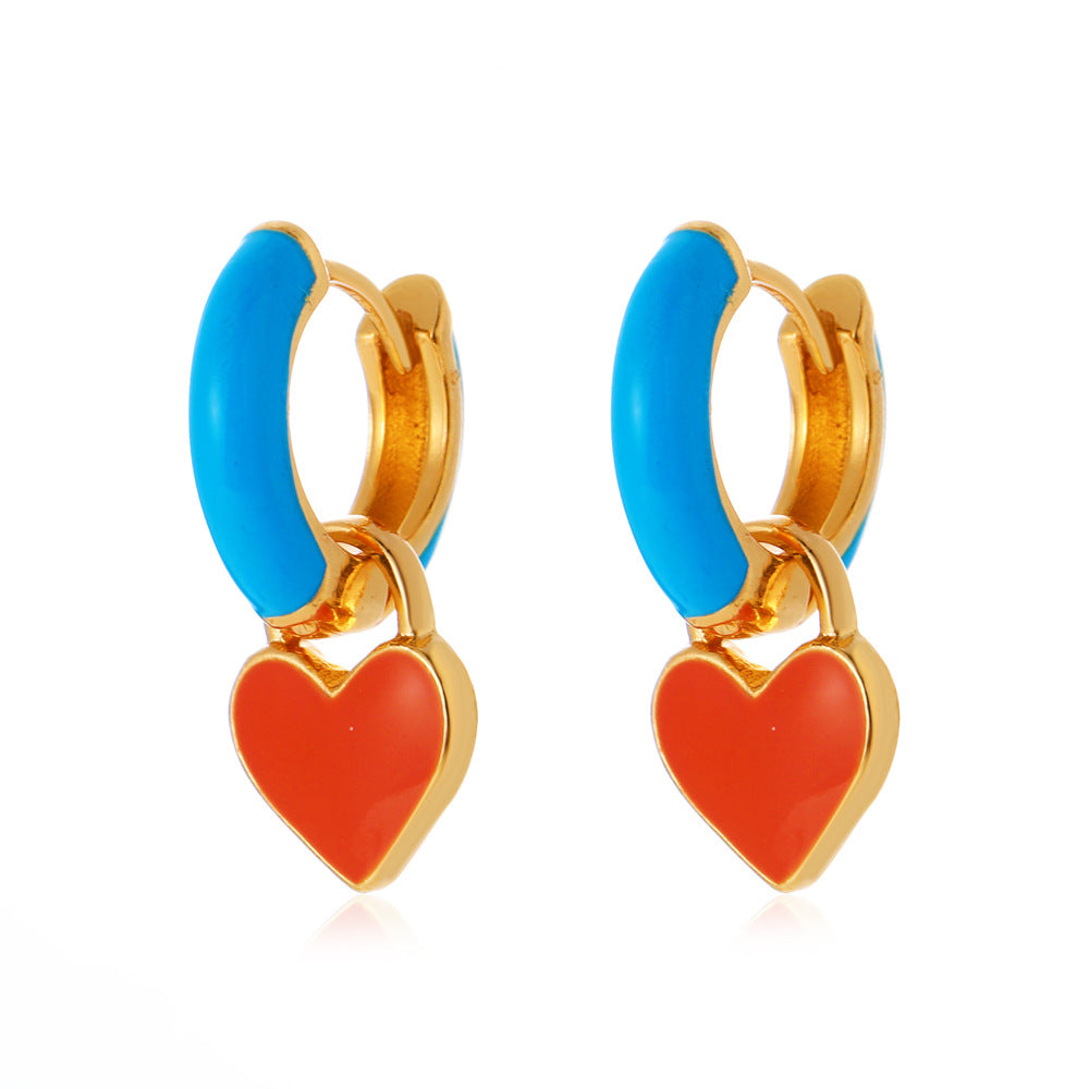 European Fashion Colorful Geometric Heart Earrings Alloy Dripping Ear Clip Studs for Women