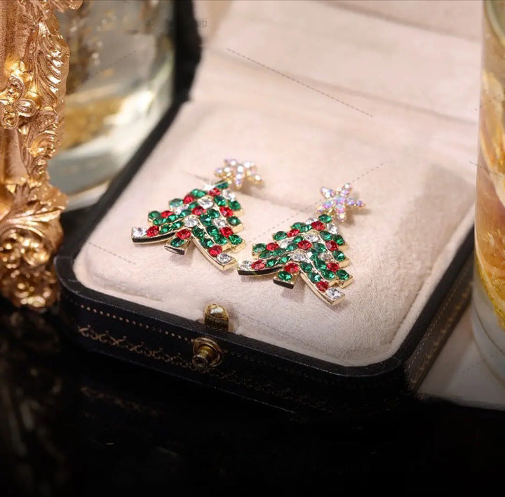 Fashion Rotatable Christmas Tree Snowflake Zircon Stud Earrings in 925 Silver