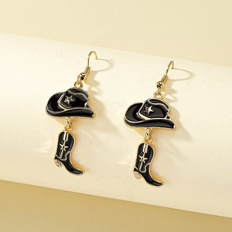 Luxurious Western Star High Heel Gold Plated Cowboy Hat and Boot Drop Earrings
