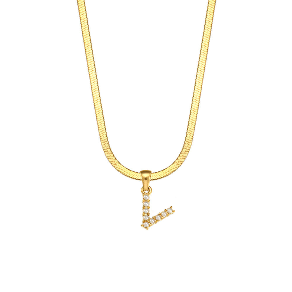Elegant Letter Pendant Necklace with 18K Gold Plated Snake Chain and Artificial Pearls