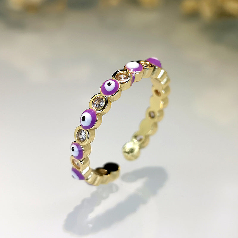 Fashion Jewelry Copper Ring with Micro-inlaid White Zircon and Enamel Evil Eye Design