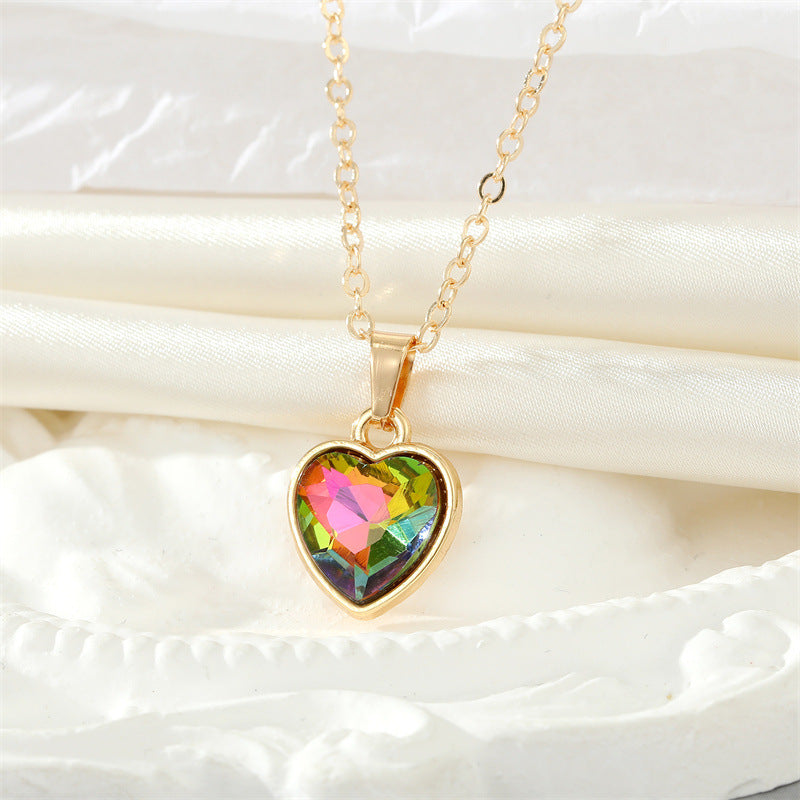 Vintage Zircon Heart Pendant Multicolor Stone Necklace