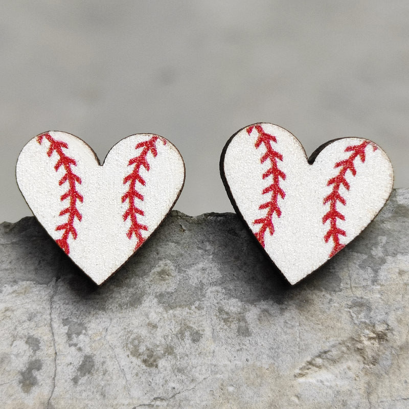 Original Design Sports Heart Shaped Wooden Stud Earrings for Women