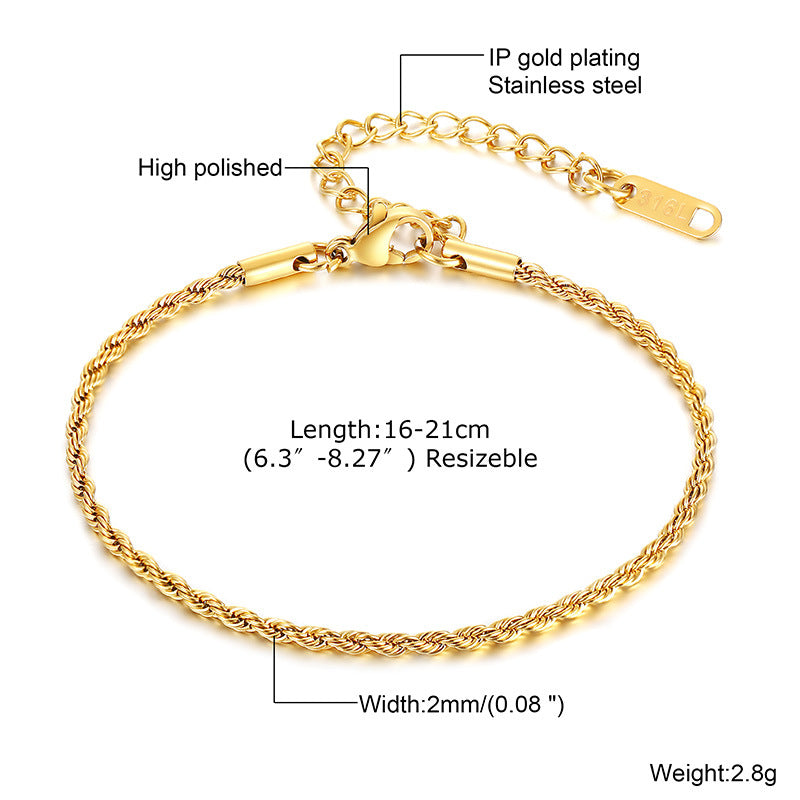 Classic Twisted Stainless Steel 18K Gold Plated Bracelet