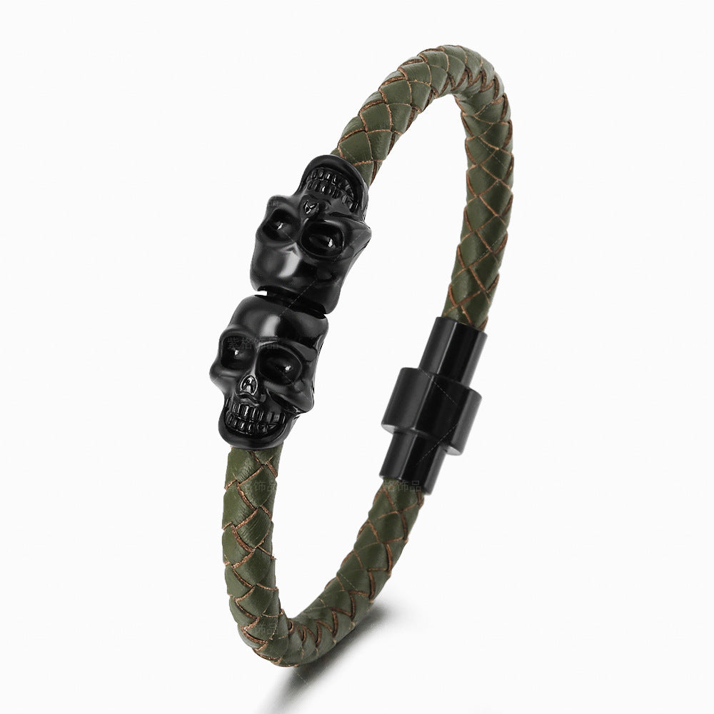 European American Cowhide Skull Magnetic Clasp Men's Bracelet