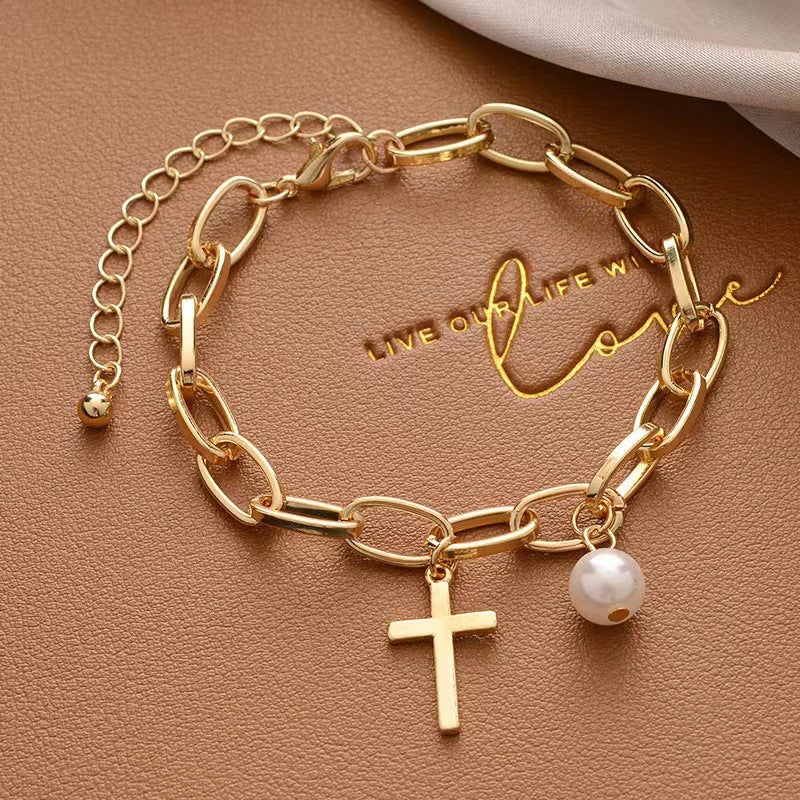 Creative Hip-hop Heart Pearl Cross Gold Coin Portrait Pendant Bracelet for Women