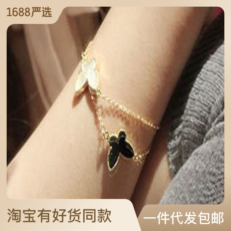 Heart Shape Alloy Enamel Pendant Necklace & Clover Butterfly Charm Bracelet Set