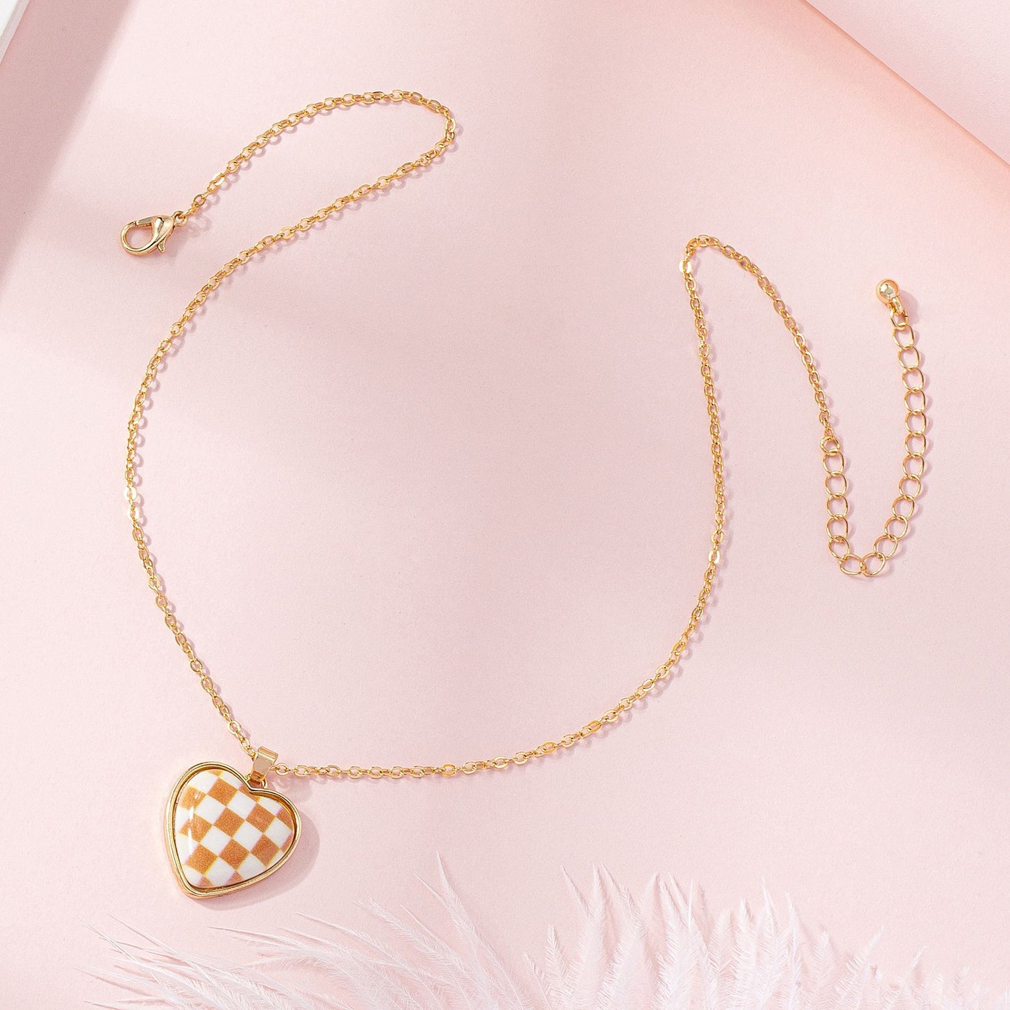 Checkerboard Heart Leopard Alloy Necklace
