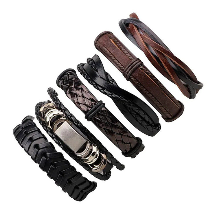 Fashion Cowhide Braided Men's Leather Bracelet Set - 6 Pieces