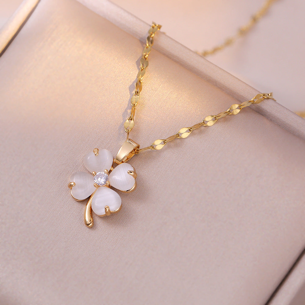 Fashion Titanium Steel Clover and Zircon Heart Pendant Necklace Set
