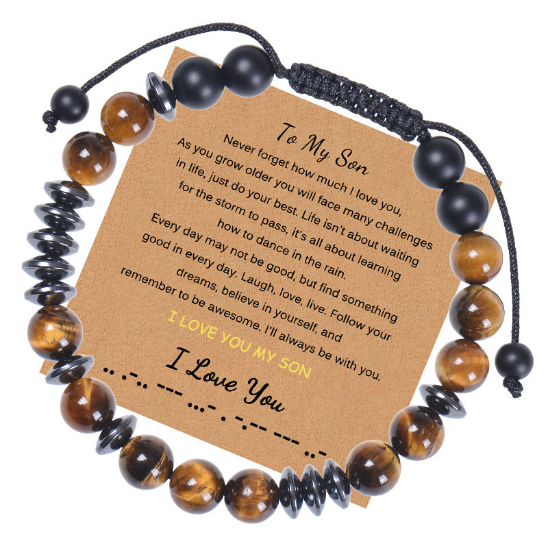 Geometric Natural Stone Tiger Eye Morse Code Bracelet for Men