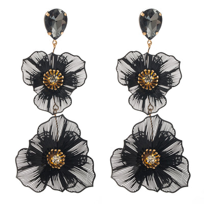 Elegant Floral Rhinestone Inlay Silver Plated Drop Earrings