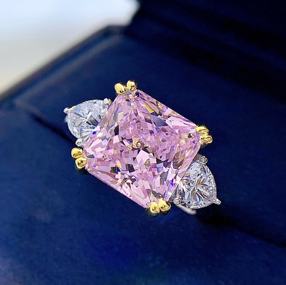 Elegant Square Sterling Silver 5 Carat Cushion Cut Yellow Pink Simulated Diamond Ring