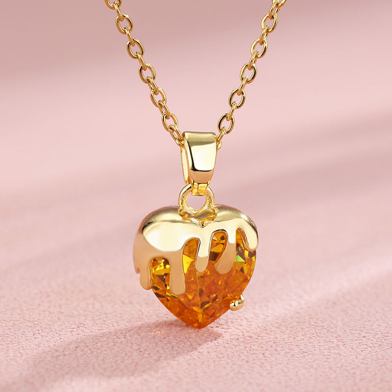 Korean Style Heart Shape Zircon Crystal Pendant Necklace in 18K Gold Plated Stainless Steel