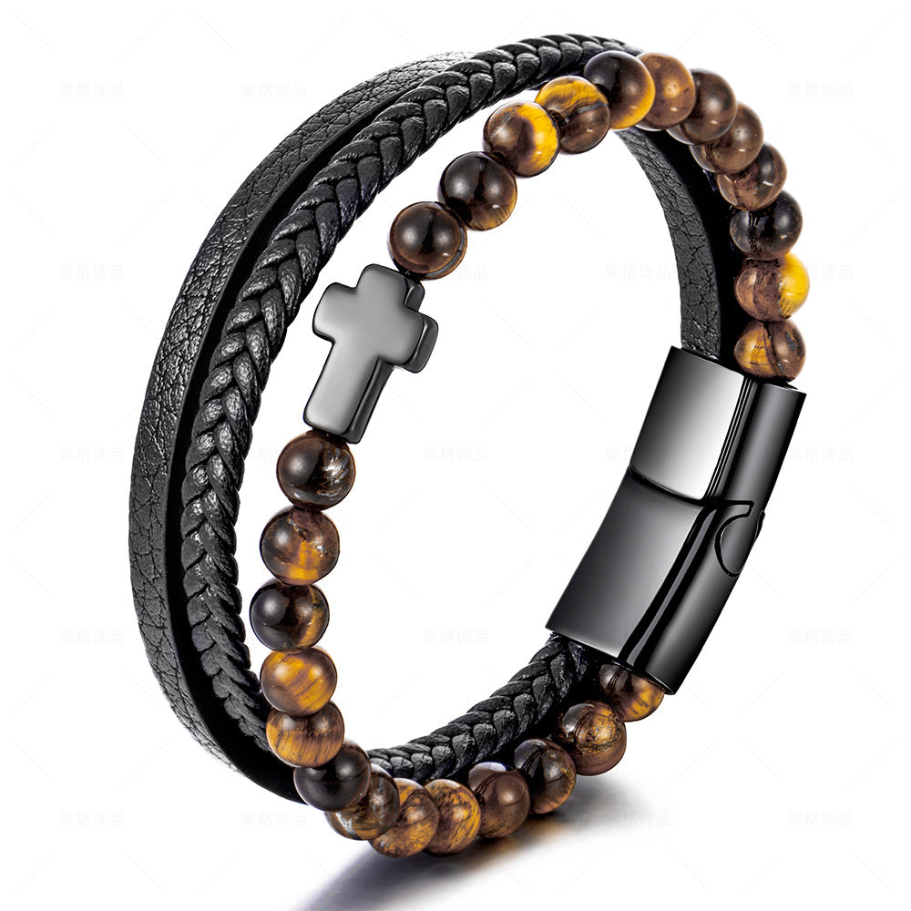 Geometric Titanium Steel Cross Layered Bracelet with Natural Tiger Eye Stone