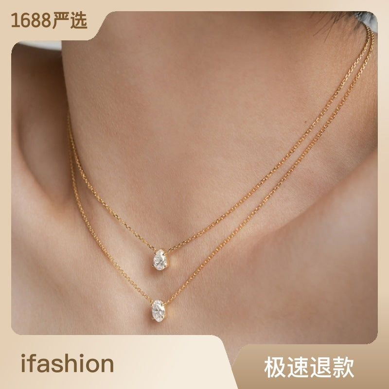 Elegant Water Droplet Titanium Steel Pendant Necklace with Artificial Rhinestones