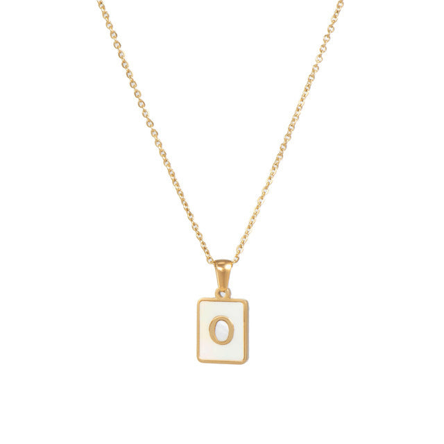 Unisex 18k Gold Plated Stainless Steel Letter Pendant Necklace with White Shell Accents