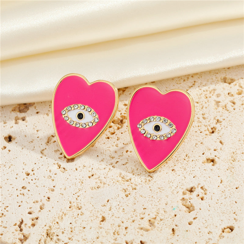 European American Peach Heart Eye Diamond Earrings Creative Evil Eye Drop Earrings