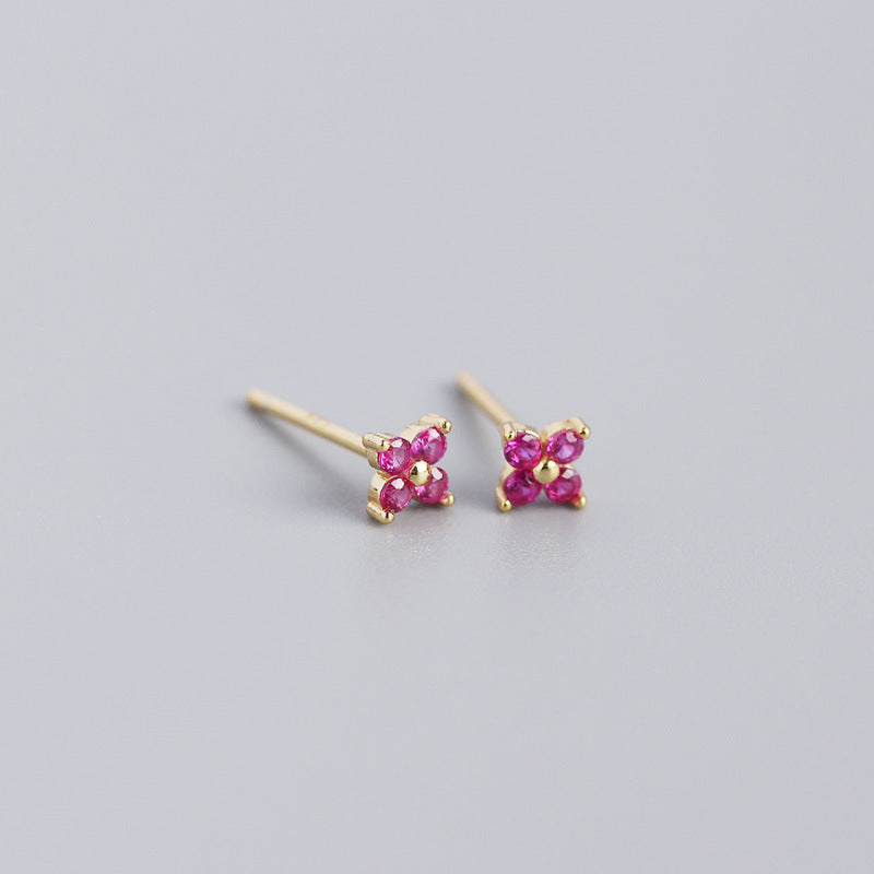 S925 Sterling Silver Colorful Four-Leaf Flower Stud Earrings for Women