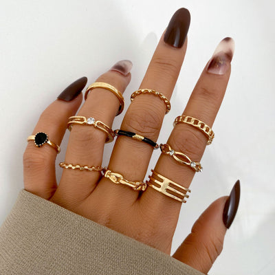 Creative Retro Hollow Zircon Black Joint Ring Set - 10 Pieces