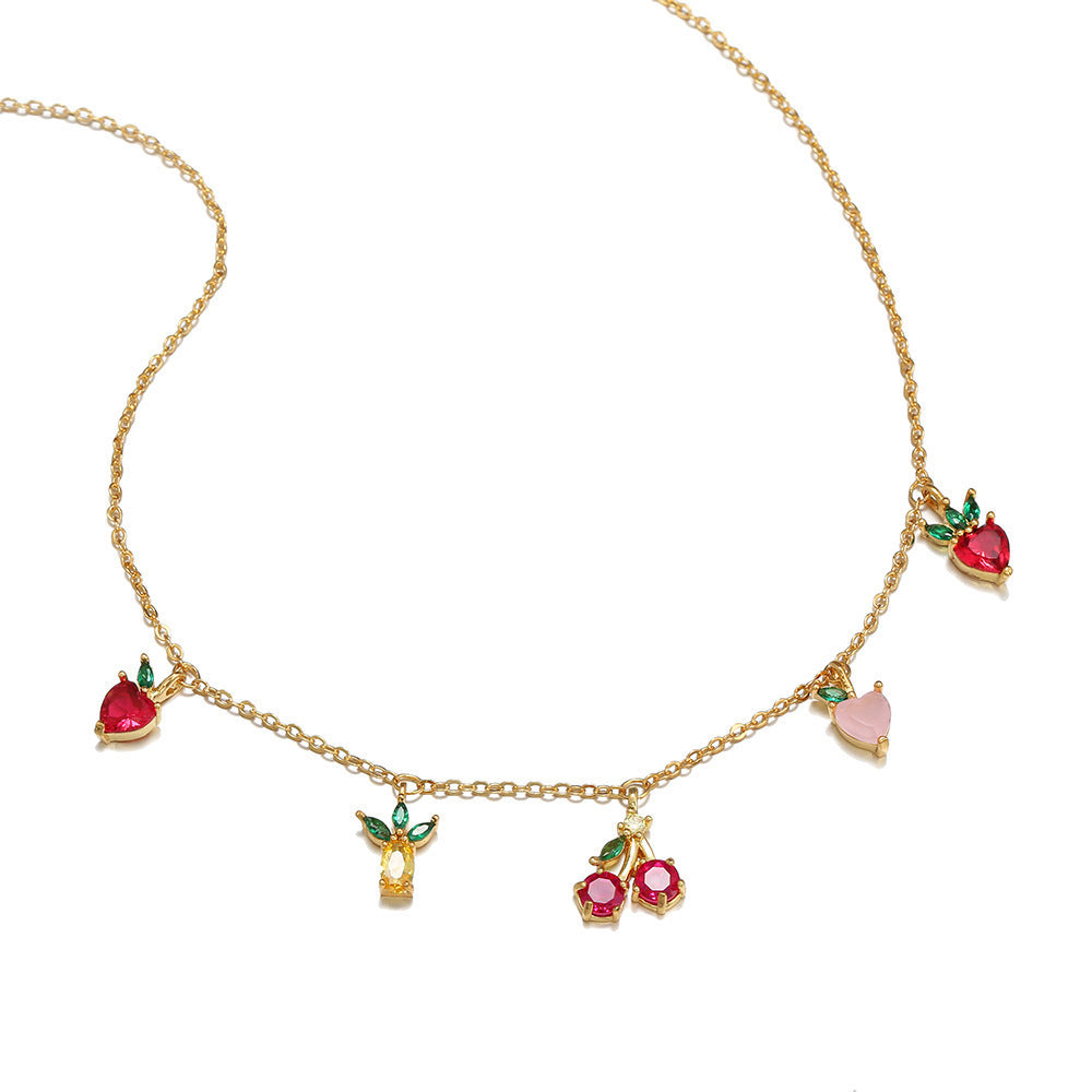 Colorful Zircon Cherry Peach Tropical Fruit Clavicle Chain Necklace