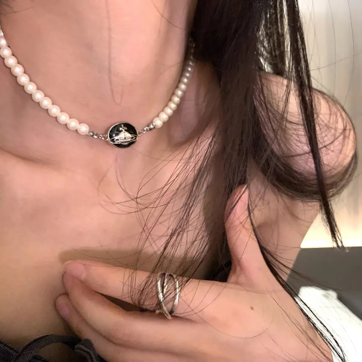 Women's Planet Imitation Pearl Enamel Pendant Necklace