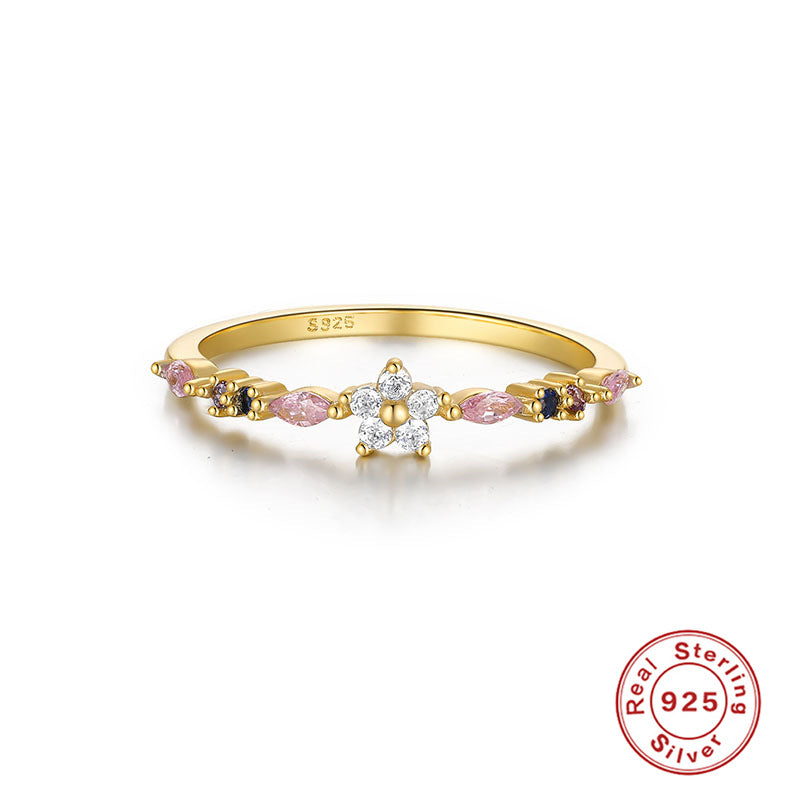 Retro Square Oval Butterfly Sterling Silver Zircon Ring with Mini Floral Bouquet Design