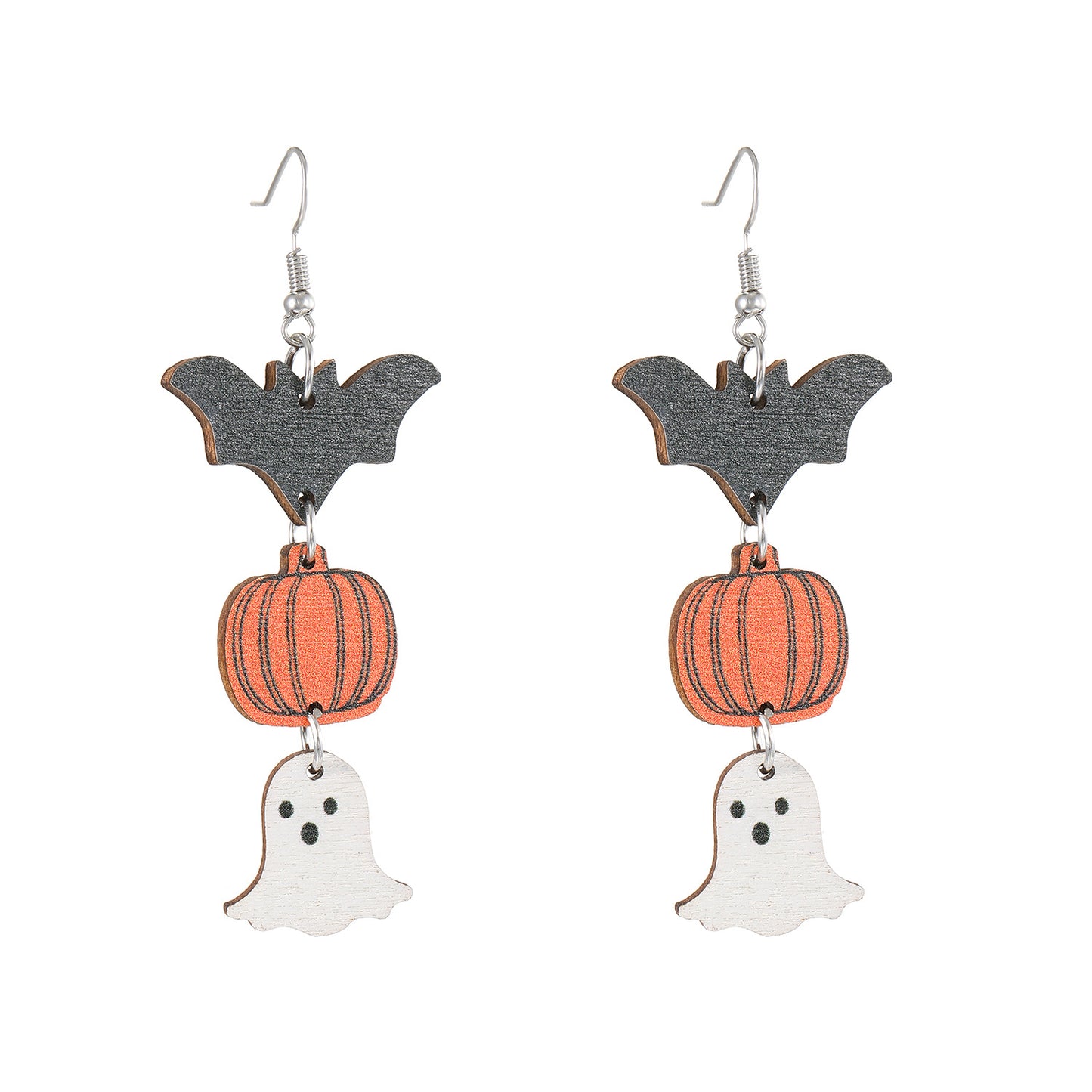 Halloween Pumpkin Ghost Wood Drop Earrings - Creative Hollow Design