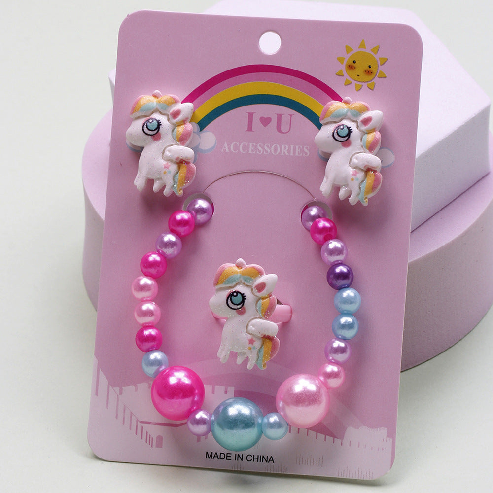 Unicorn Crown Resin Beaded Jewelry Set for Kids - Rings, Earrings, Necklace, and Bracelet