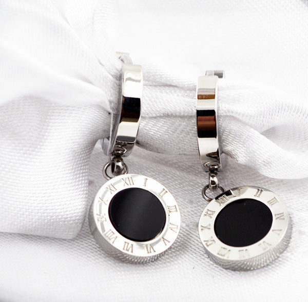 Vintage Roman Round Zircon Titanium Steel 24K Gold Plated Drop Earrings