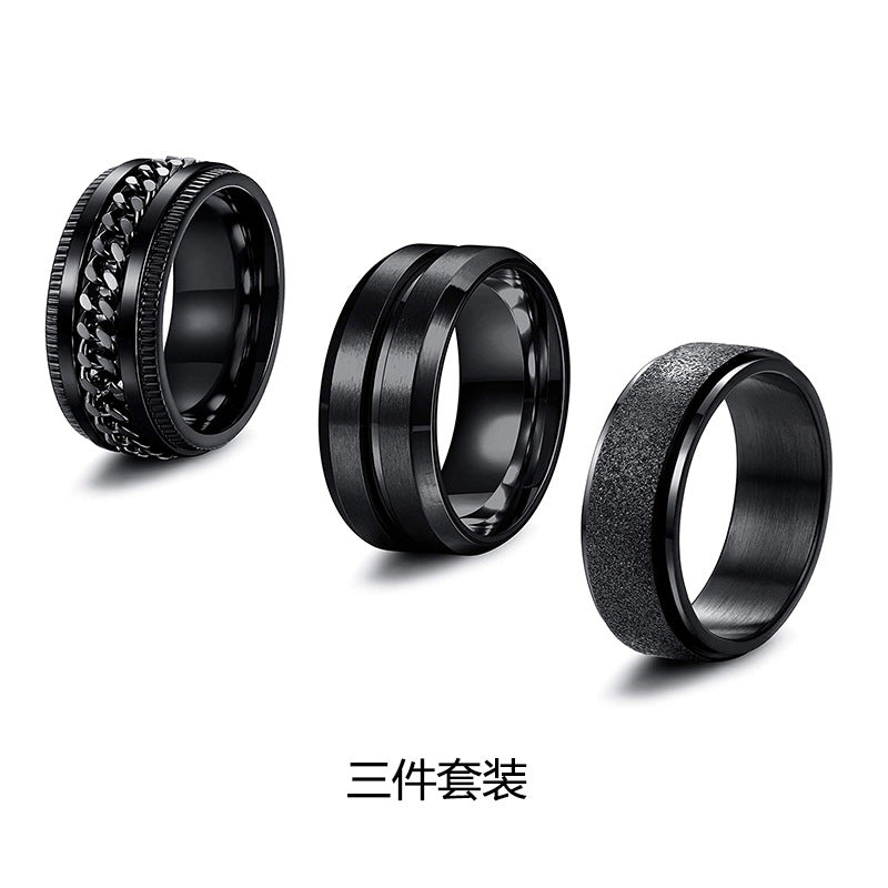 Fashion 8mm Black Plated Rotatable Titanium Steel Ring Set